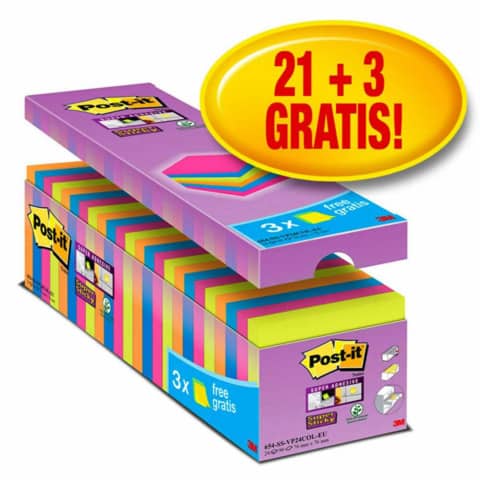 Foglietti Post-it® Super Sticky 76x76 mm colori assortiti neon Value Pack 21+3 blocchetti GRATIS - 654-P24SSCOL-EU